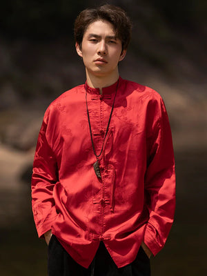 Bamboo leaf print disc buckle Tang suit men's retro Chinese style shirt - Yandan_Hanfu