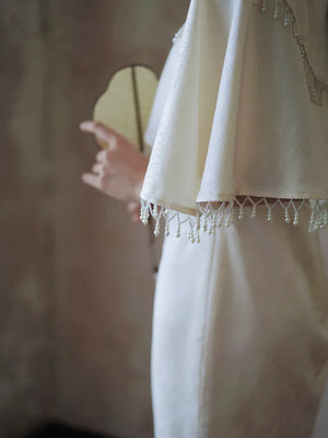 "Xi Zhu" White Dark Pattern Tassel Shawl Cheongsam Bride Wedding Dress Engagement - Yandan_Hanfu