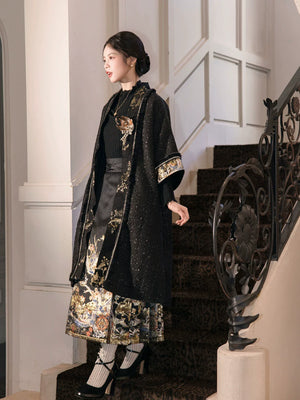 Spring Mountain Dragon – New Chinese Style Hanfu Set | Brocade Ma Mian Skirt with Embroidered Cape and Floral Gold Weave - Yandan_Hanfu