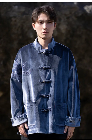 New Chinese Tang style men's button top autumn and winter coat golden velvet - Yandan_Hanfu