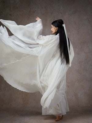 Graceful White Wide-Sleeve Chiffon Hanfu – Classical & Jazz Fusion Dance Dress - Yandan_Hanfu