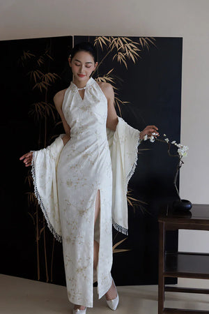 "Qianzhi" white embroidered shawl showing thin backless cheongsam bride wedding dress toast engagement - Yandan_Hanfu