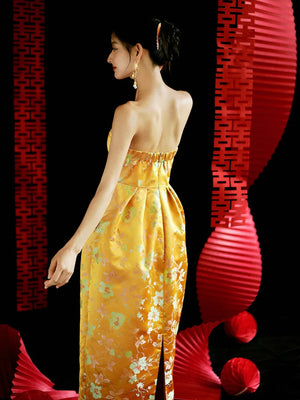 "Yunjing" yellow jacquard pregnant woman cheongsam bride toast dress - Yandan_Hanfu