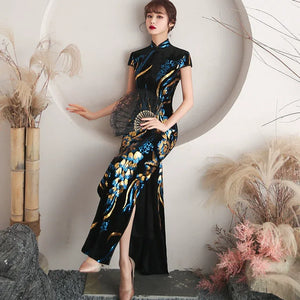 Floral pattern, long jacquard silk-satin cheongsam - Yandan_Hanfu