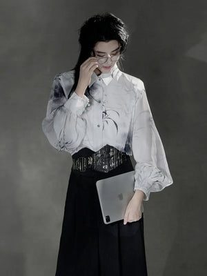 Clivia ink shirt Chinese fashion new Chinese element pants summer suit - Yandan_Hanfu