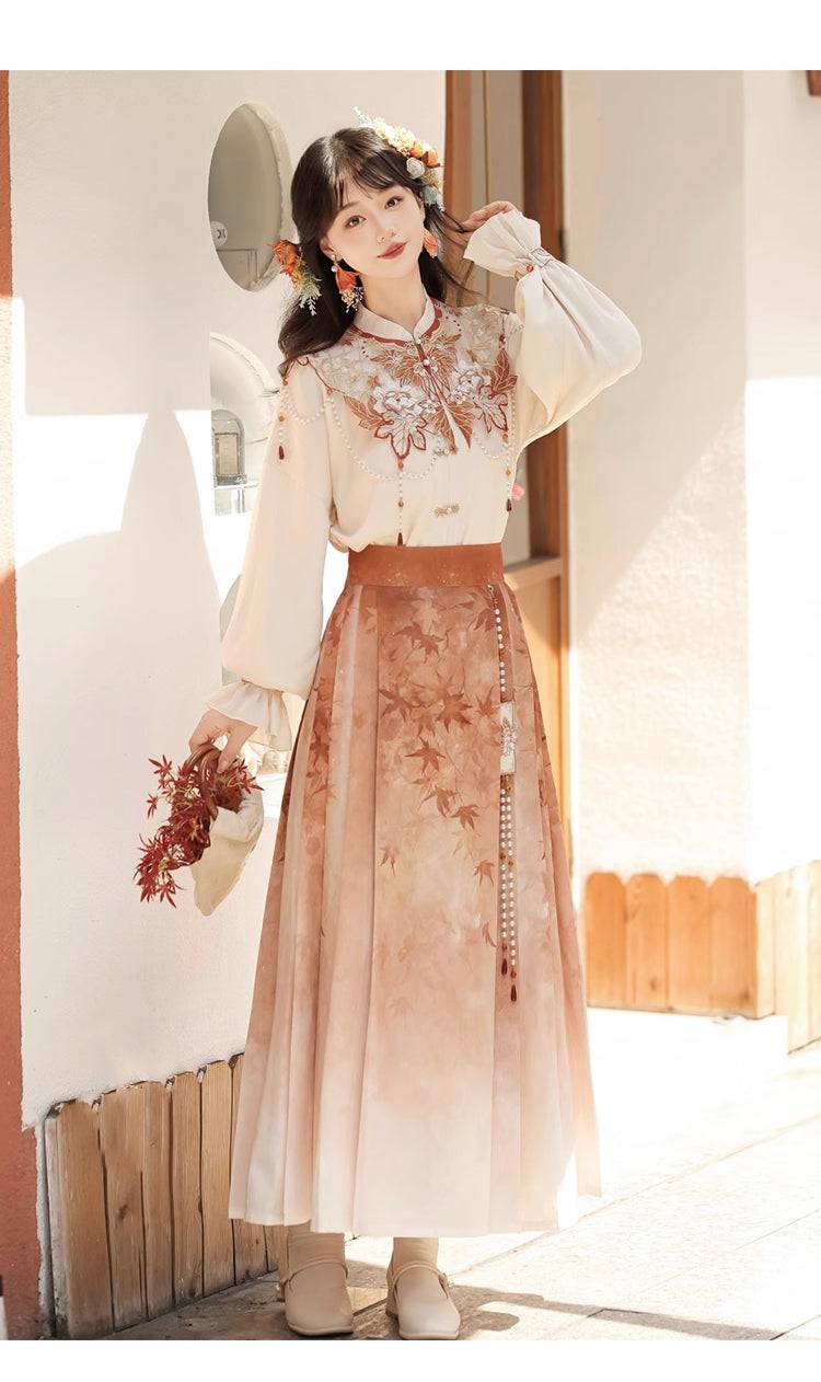 Graceful Hanfu set with floral embroidery and ombre pleated skirt, blending tradition with modern daily style.