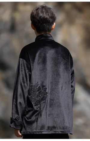 New Chinese Tang style men's button top autumn and winter coat golden velvet - Yandan_Hanfu