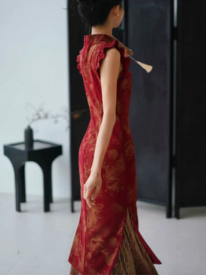 Lotus Step – Red Mermaid Qipao for Wedding, Engagement & Tea Ceremony - Yandan_Hanfu