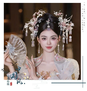 Silver Pink Chinese Bridal Hairpin Set – Elegant Crystal Headpiece for Hanfu & Qipao Wedding - Yandan_Hanfu