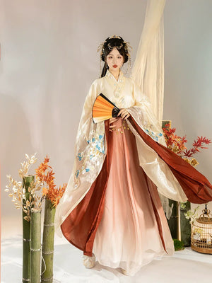 Wei Jin | Hanfu Women's Blue & Red Princess Dress Waist-length Broken Skirt Embroidery Suit - Yandan_Hanfu