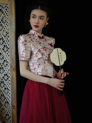 "Mei Xue Gauze Dress Set" Bridal Red Engagement Dress Cheongsam Xiuhe Dress - Yandan_Hanfu