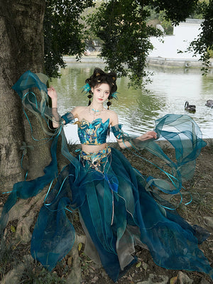 Butterfly-themed Blue Hanfu cosplay dress with intricate gold detailing and sheer flowing fabric, styled for elegant costume occasions.