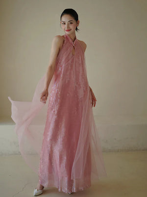 "Bella" pink sequined gauze halter dress bride - Yandan_Hanfu