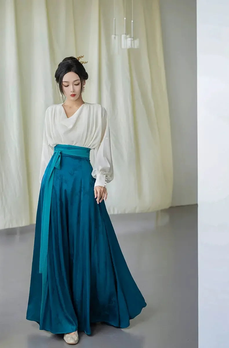 Blue collar shirt versatile beige top, lantern sleeve retro horse skirt - Yandan_Hanfu