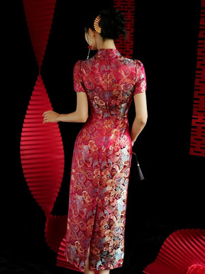 Yue Xi – Red Embroidered Jacquard Qipao for Wedding, Engagement & Tea Ceremony - Yandan_Hanfu
