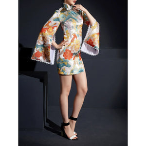 Phoenix jacquard, stand-up collar disc-buckled split cheongsam - Yandan_Hanfu