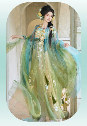 Blue & Green Hanfu Women's Large Sleeve Shirt Embroidery Spring and Summer - Yandan_Hanfu