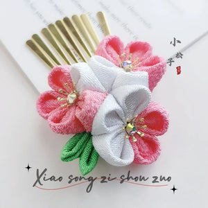 Sakura fine work hairpin 4-piece set Japanese kimono yukata with headdress Lolita pink ancient Japanese style cherry tea - Yandan_Hanfu