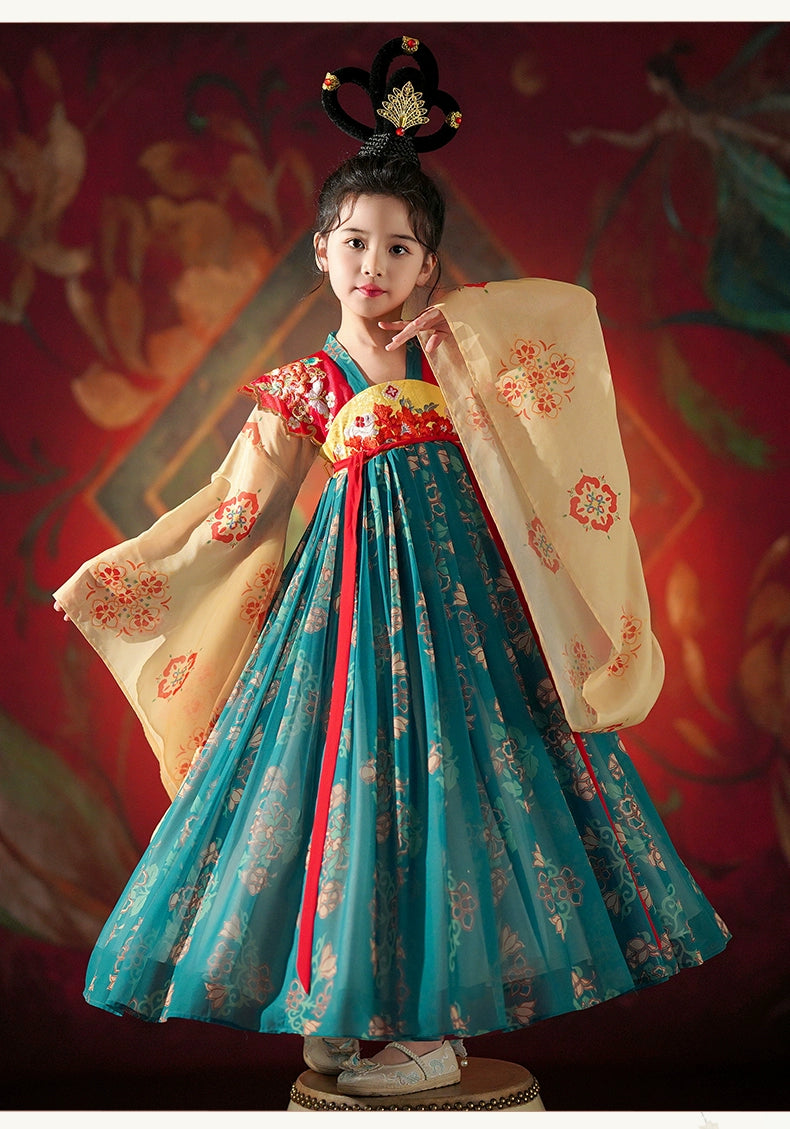 Girls Dunhuang Ancient Hanfu with elegant sleeve design and floral detailing, suitable for traditional seasonal celebrations.