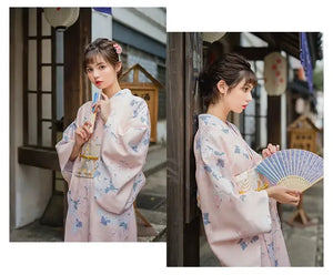 Orange pink crane, women's Japanese kimono yukata, gentle literary and retro Japanese improved kimono - Yandan_Hanfu