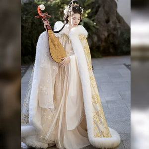 Gold Winter Fur Cape – Hanfu Cloak for Women | Thick, Warm & Elegant Festive Outerwear - Yandan_Hanfu