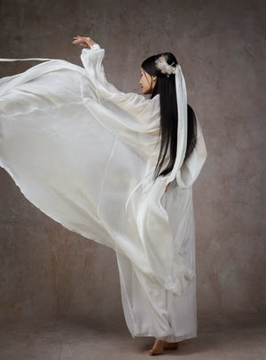 Graceful White Wide-Sleeve Chiffon Hanfu – Classical & Jazz Fusion Dance Dress - Yandan_Hanfu
