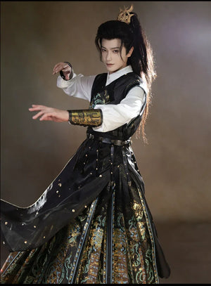 Unisex Hanfu Set – Inlaid Bronze-Inspired Brocade Horse-Face Skirt in Modern Chinese Style - Yandan_Hanfu