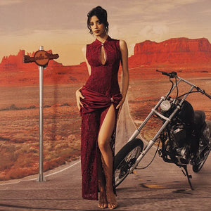 【Rebellious】 Red dress new Chinese cheongsam lace dress waist split stand-up collar Spice girl dress - Yandan_Hanfu