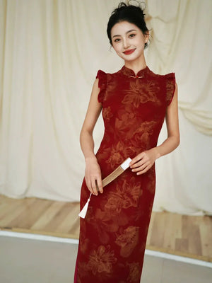 Lotus Step – Red Mermaid Qipao for Wedding, Engagement & Tea Ceremony - Yandan_Hanfu