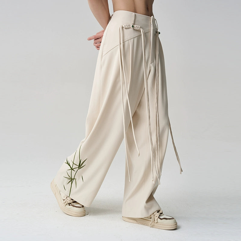 Tassel Embroidered Unisex Trousers – New Chinese Style with Knot Button Detail