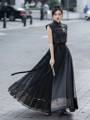 Oriental Grace – Hanfu-Inspired Set | Embroidered Bamboo Tassel Vest with Qipao Collar Top & Mamian Skirt - Yandan_Hanfu