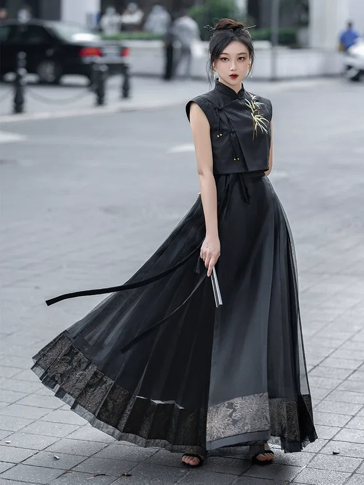 Oriental Grace – Hanfu-Inspired Set | Embroidered Bamboo Tassel Vest with Qipao Collar Top & Mamian Skirt - Yandan_Hanfu