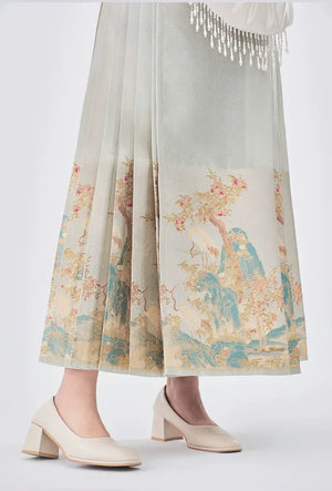 Yu Bai Green & Pink Hanfu Weaving Gold Horse Dress Crane Symphony - Yandan_Hanfu