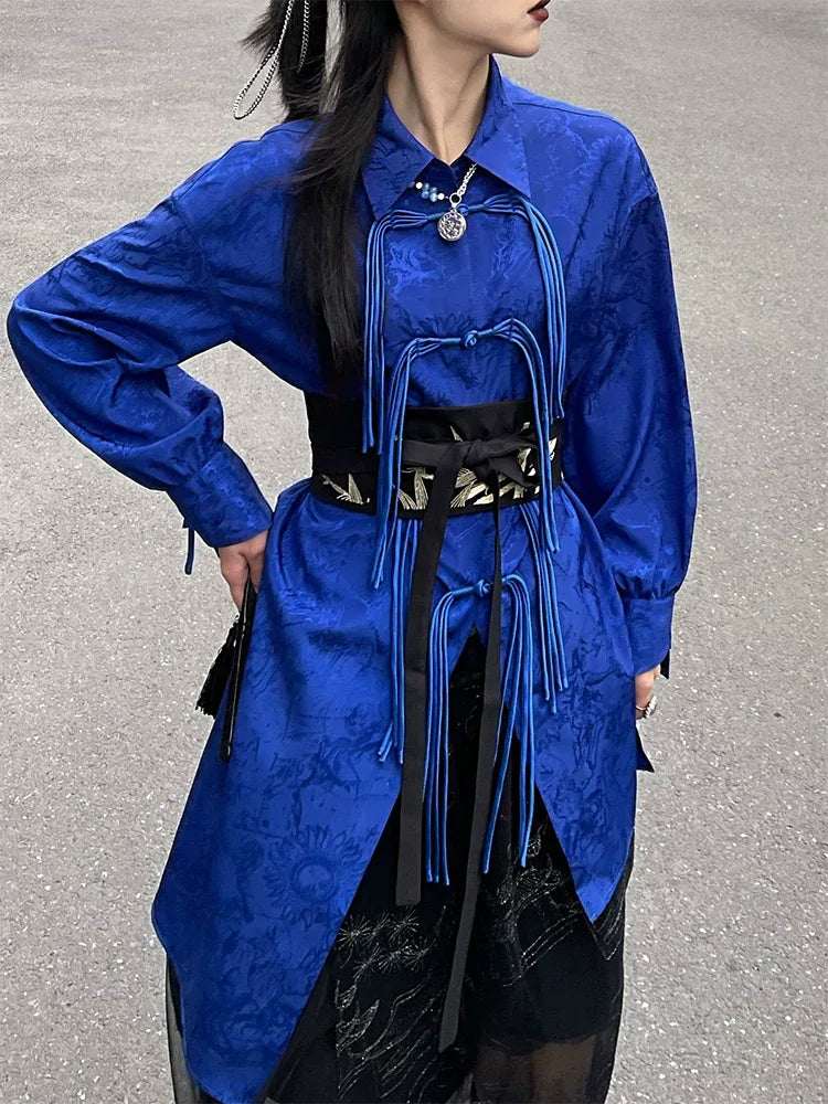 New Chinese style | Klein blue button-down shirt casual all-match shirt suit - Yandan_Hanfu