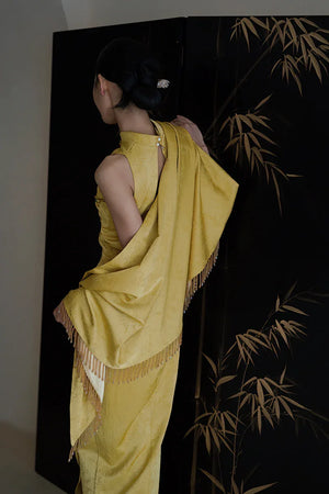"Autumn Rhyme" Yellow Dark Pattern Cheongsam Shawl Bridal Wedding Dress Toast Dress - Yandan_Hanfu