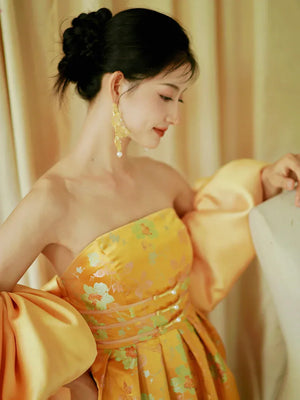 "Yunjing" yellow jacquard pregnant woman cheongsam bride toast dress - Yandan_Hanfu
