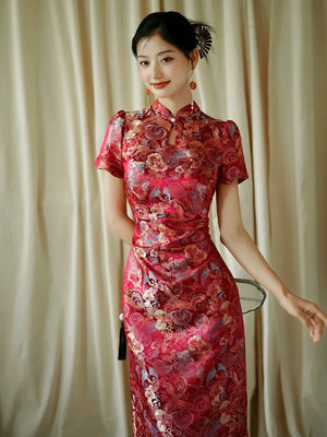 Yue Xi – Red Embroidered Jacquard Qipao for Wedding, Engagement & Tea Ceremony - Yandan_Hanfu
