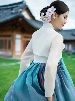 Blue hanbok princess dress with white top, traditional palace backdrop