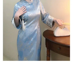 “Azure Spring” – New Chinese Embroidered Qipao | Plus-Friendly, Slimming Early-Spring Dress - Yandan_Hanfu