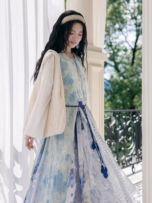 "Moran Canglan" Blue Modern Hanfu – Sleeveless Bijia Dress with Flowing Skirt & Han Elements for Spring/Summer - Yandan_Hanfu