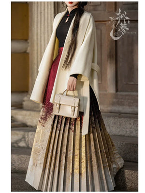 Lunar Spring River – Red Hanfu Maxi Skirt Set, New Chinese Style 6-Meter Hem Mamian Skirt with Knit Top & Wool Coat - Yandan_Hanfu