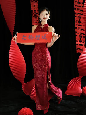 "Jubilee Bell" Red Cheongsam Shawl Bridal Toast Engagement Dress - Yandan_Hanfu