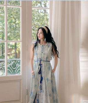 "Moran Canglan" Blue Modern Hanfu – Sleeveless Bijia Dress with Flowing Skirt & Han Elements for Spring/Summer - Yandan_Hanfu