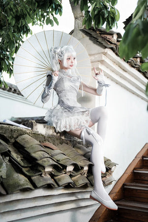 New Chinese style white Dress Cheongsam Maid Apron Short Dress Lolita - Yandan_Hanfu