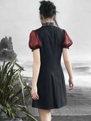 New Chinese style retro sweet and cool bubble sleeve jacquard contrasting color splicing skirt - Yandan_Hanfu