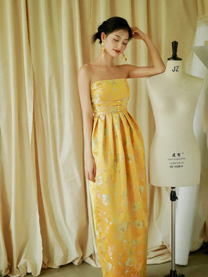 "Yunjing" yellow jacquard pregnant woman cheongsam bride toast dress - Yandan_Hanfu