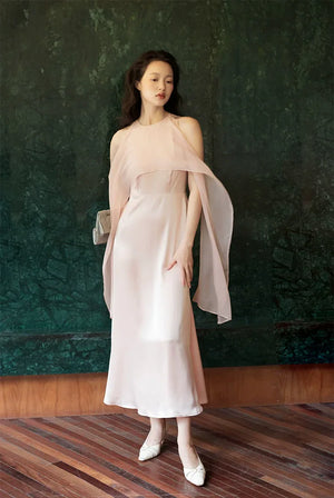 100% Acetate Mulberry Silk Modern Chinese Dress – Versatile Shawl Design, Off-Shoulder Summer Evening Gown - Yandan_Hanfu