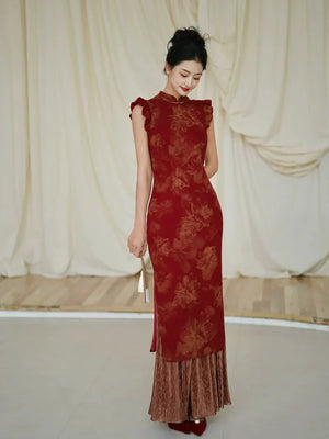 Lotus Step – Red Mermaid Qipao for Wedding, Engagement & Tea Ceremony - Yandan_Hanfu