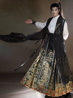 Unisex Hanfu Set – Inlaid Bronze-Inspired Brocade Horse-Face Skirt in Modern Chinese Style - Yandan_Hanfu