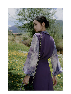 Smoke purple Himalayan style dress with V-neck layered collar back view